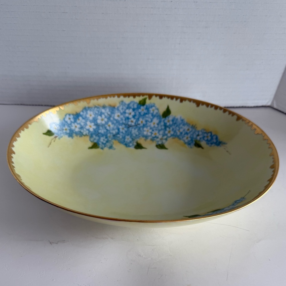 Vintage Hand Painted Oval Porcelain Dish Yellow w/Blue Flowers Heavy Gold Trim